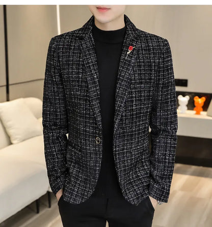 Korean Fashion Woven Suit Jacket for Men Autumn Slim Fit Casual Men Blazers Street Wear Social Business Dress Coats Men Clothing