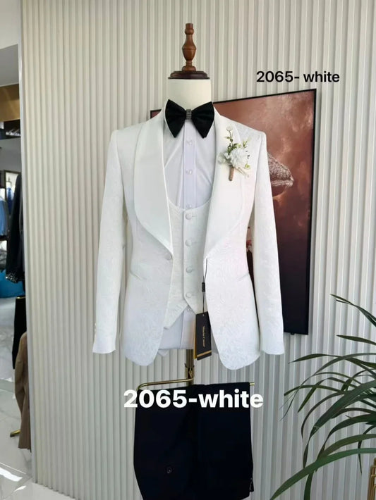 White Jacquard Men's Suit Set 3 Pieces Wedding Groom Sets Classy Premium Shawl Lapel Tuxedo For Party High Quality Suits S-3XL