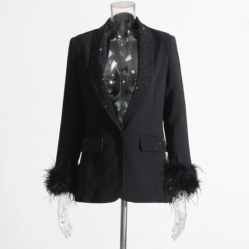 Spring Autumn New Women Blazer Turn-down Collar Studded Diamonds Single Button Cuff Spliced Feather Luxury Ins Coat HK16316
