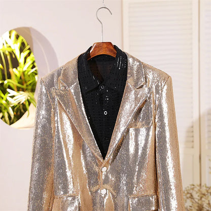 Men's Casual Blazers Suit Jackets Singer Silver Sequins Party Glitter Club Bar Concert Shiny Coat Stage Performance Costume