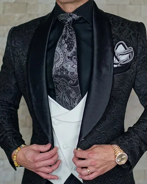 Men wedding Suits Pattern and Black Groom Tuxedos Shawl Satin Lapel Groomsmen Wedding Best Man ( Jacket+Pants+Vest)