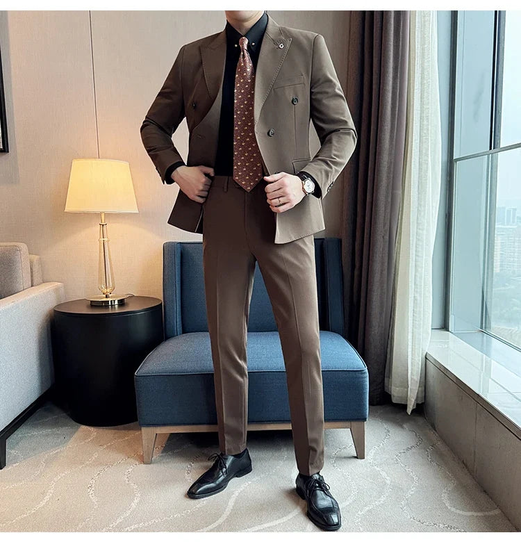 Men's Double Breasted Slim Fit Suit Set – Wedding & Smart Casual – Navy Blue, Brown, Black