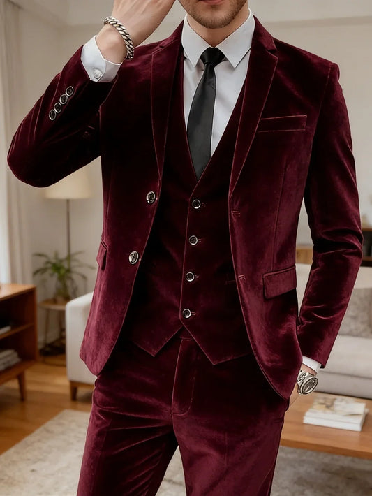 Wine Red Man Velvet Suits 3 Pieces Banquet Party Wear  Notched Lapel Handsome Suit Set Wedding Groom Sets Plus Size Tuxedo