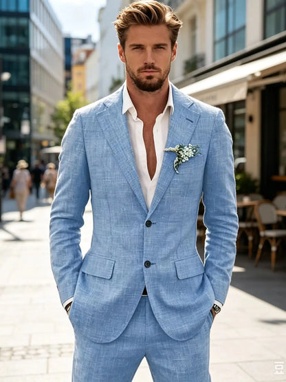 Costume décontracté 2 pièces beige/bleu en lin pour homme, revers cranté, coupe ajustée, blazer et pantalon, de haute qualité, pour mariage de plage ou bal de promo d'été