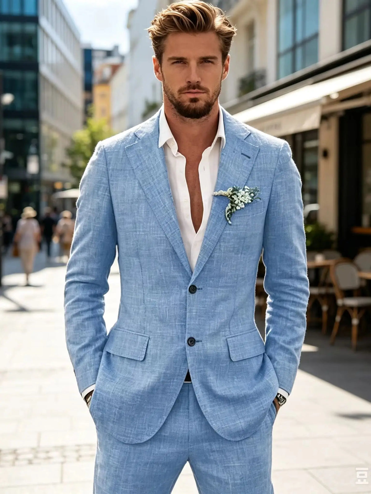 Costume décontracté 2 pièces beige/bleu en lin pour homme, revers cranté, coupe ajustée, blazer et pantalon, de haute qualité, pour mariage de plage ou bal de promo d'été