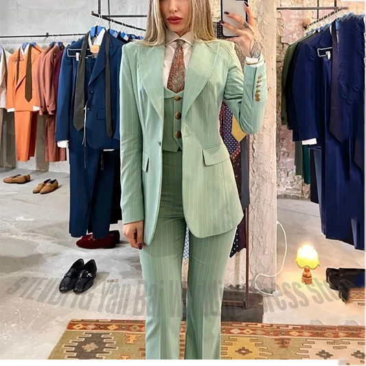 Formal Striped Peak Lapel Blazer Suit for Women Business Casual Slim Fit Single Button Outfit 3 Piece Formal Work Party Suit