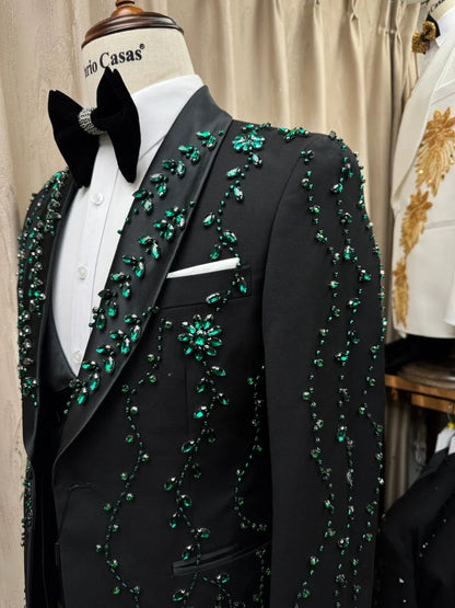 Exquisite Green Crystal Men's Suits 3 Pieces Party Prom Wear Classic Chic Sheal Lapel Man Slim Fit Suit Set Wedding Groom Sets