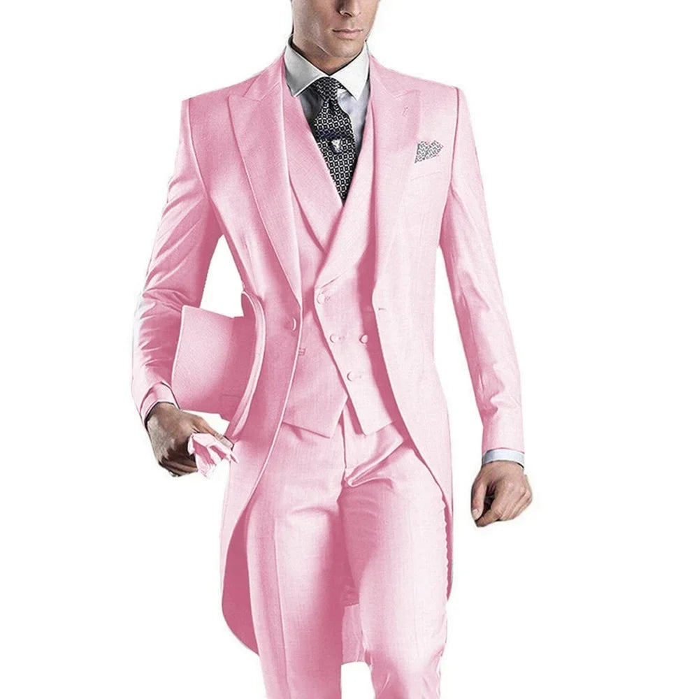 Men's Monochromatic Tuxedo Set Business Smoking Wedding Dress Blazer Jacket Vest Pants 3-Piece Suit for Formal Occasions