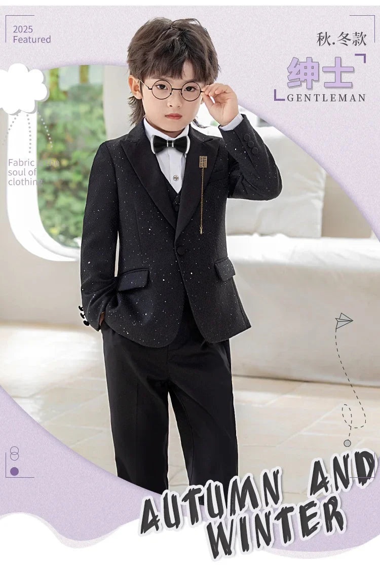 High Quality Boys Shiny Wedding Suits Kids Morning Coat Formal Dress Child Tuxedos Blazer Clothes Sets Toddler School Uniforms