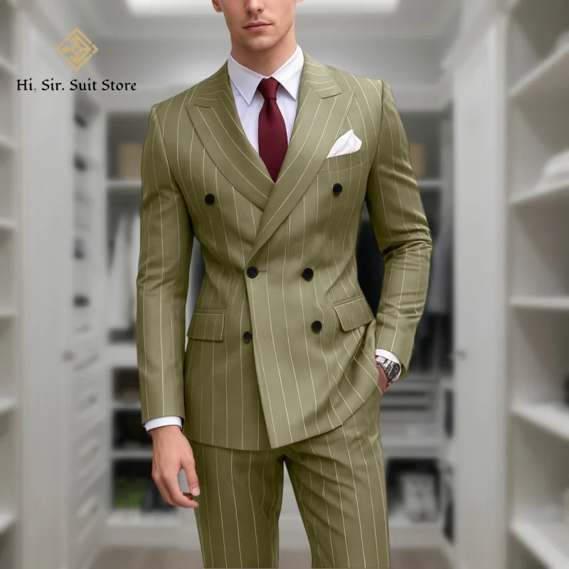 Men's 2-Piece Slim Fit Double-Breasted Striped Suit Set for Men – Wedding, Business & Formal Occasions