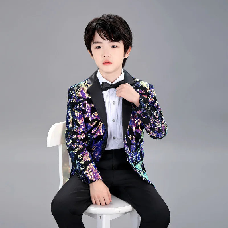 Kids Piano Wedding Birthday Tuxedo Dress Children's Shining Sequins Stage Show Photography Suit Boys Performance Costume