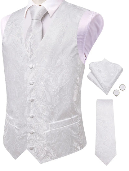 Men's Paisley Jacquard Suit Vest – V-Neck 6-Button Waistcoat with Tie & Pocket Square for Weddings