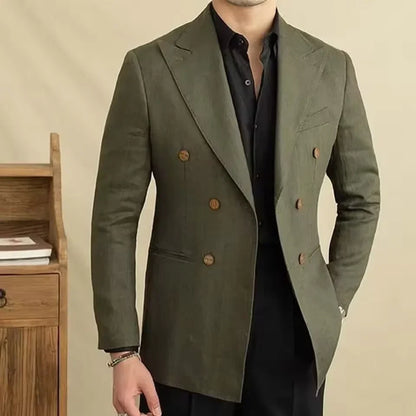Vintage Men's Linen Blazer Double Breasted Peak Lapel Slim Fit Jacket Breathable Soft Wrinkle Free Business Casual Men Suit Coat