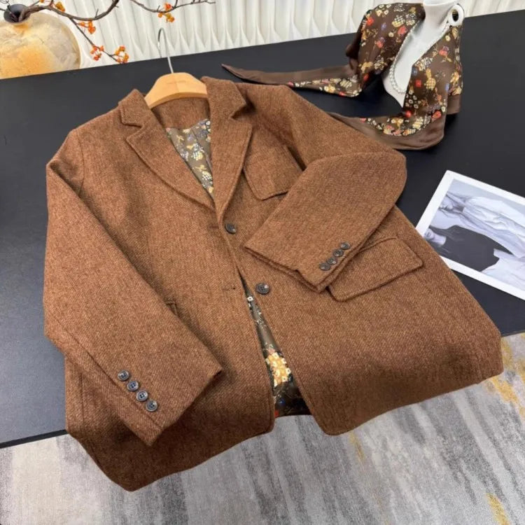 Autumn Office Ladies Work Mid Long Loose Fit Woolen Blazer Jacket Single Breasted Women Vintage Business Casual Suit Coat Blazer