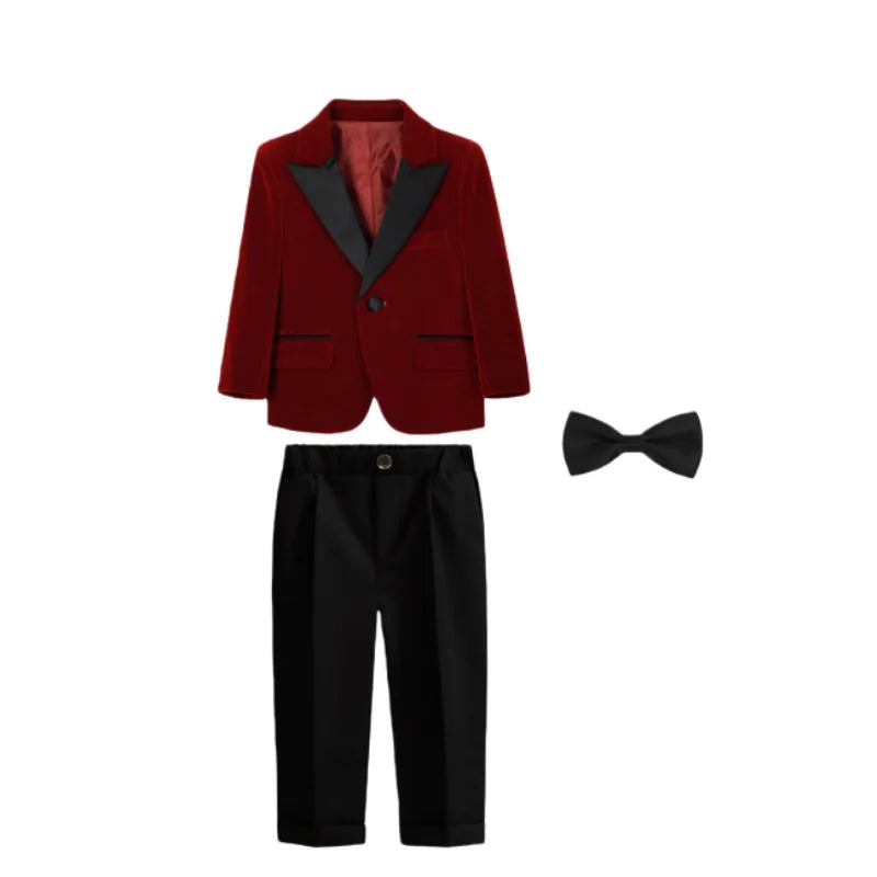 Boys Formal Wedding Birthday Party Wear Kids Piano Host Speech Performance Costume Children's Blazer Pants Bowtie