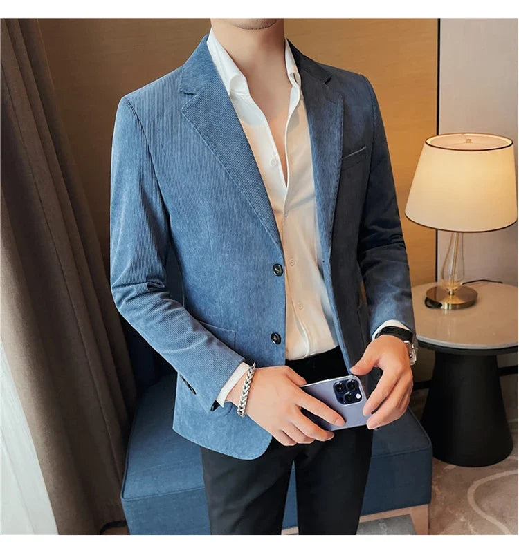 Men's Slim Fit Striped Corduroy Blazer – Smart Casual Single Breasted Suit Jacket