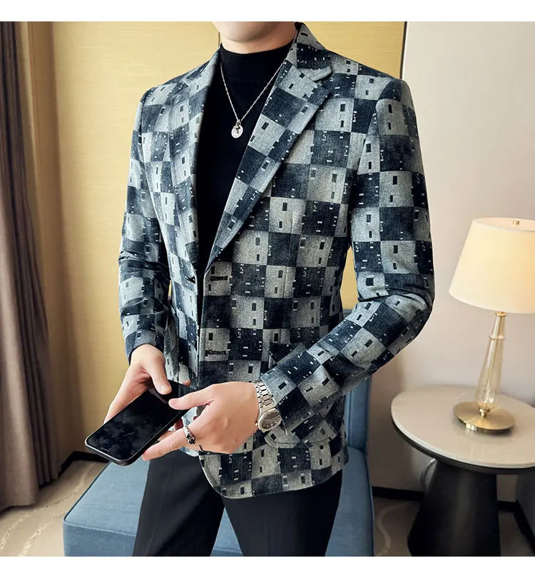 New High Qualitys Denim Jacquard Suit Jacket Men Slim Fit Business Social Formal Social Suit Coats Tailcoats Men Clothes 4XL-M