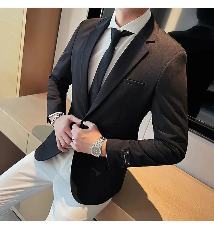 High-Quality Fashionable Men's Slim Fit Business Suit Jacket Autumn Wear Korean Style Pure Color Tweed High-End Feel