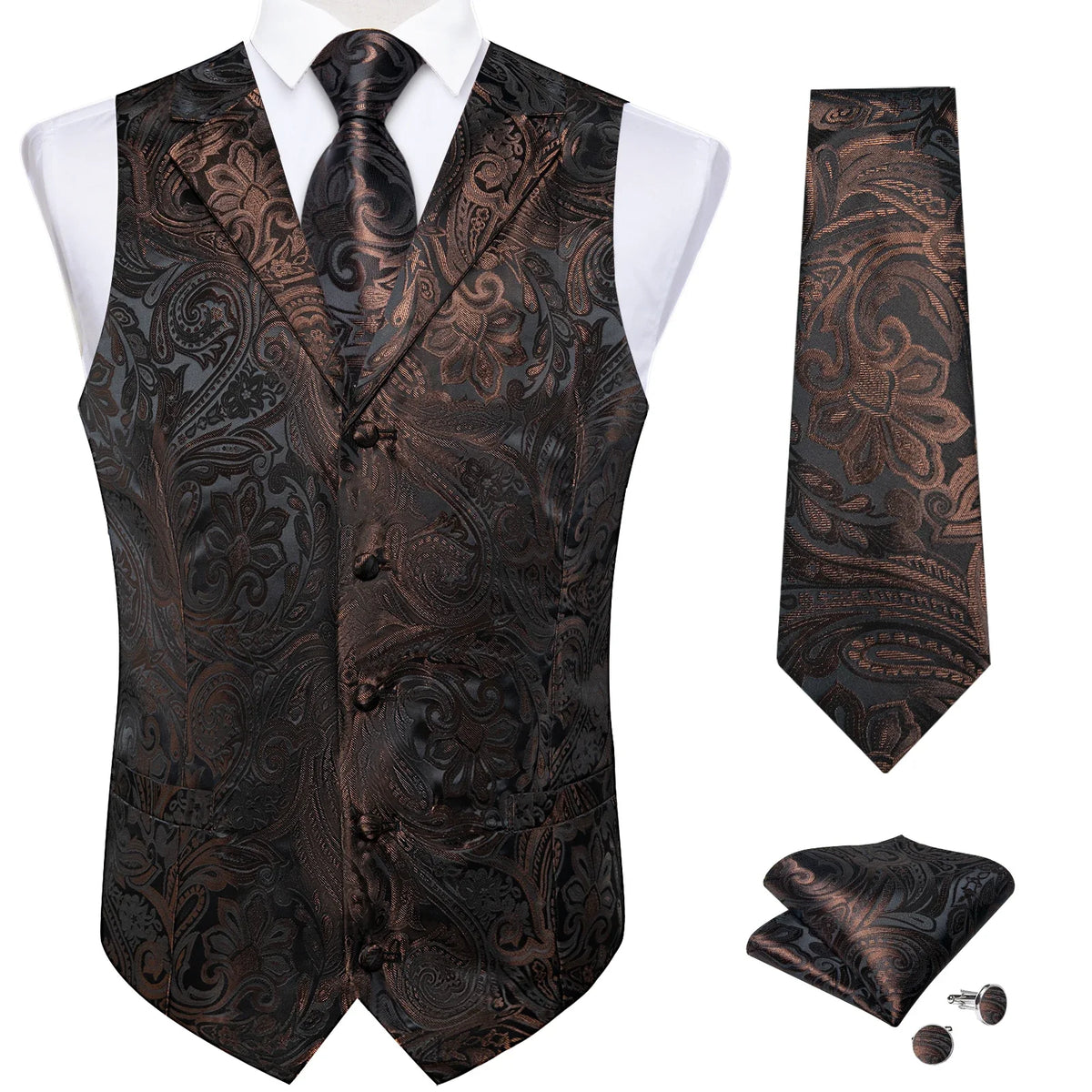 Men's Paisley Suit Vest – Single-Breasted Waistcoat with Tie, Handkerchief & Cufflinks for Weddings & Banquets