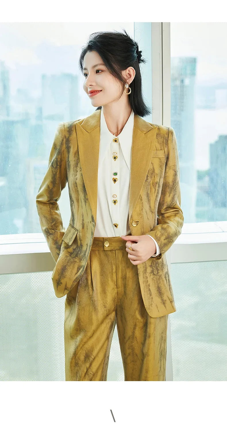 Women Golden Black Formal Pant Suit Autumn Female Tie-dye Blazer and Trouser 2 Piece Set For Office Ladies Winter Work Wear