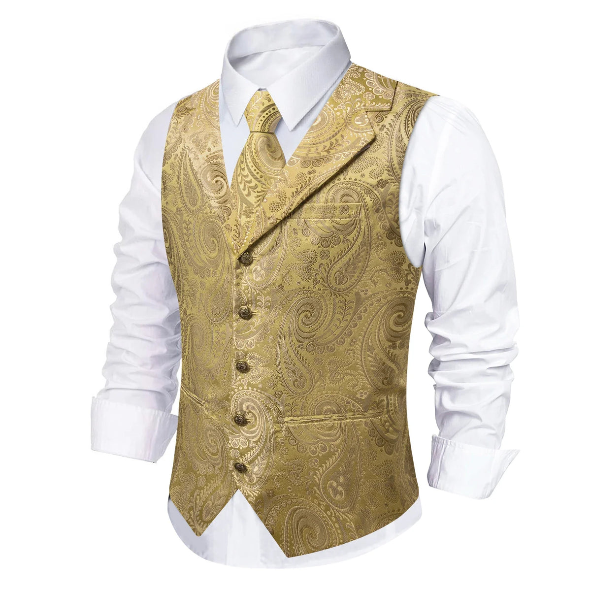 Men's Paisley Waistcoat Vest with Tie Hanky Cufflinks Set for Wedding and Banquet
