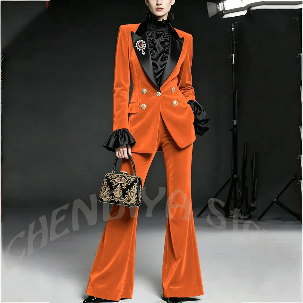 Wine Red Women Suit Stylish Velvet Elegant Outfit Peaked Lapel Blazer Pants Evening Party Prom Female Clothing Two Pieces