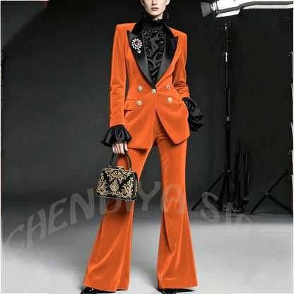 Wine Red Women Suit Stylish Velvet Elegant Outfit Peaked Lapel Blazer Pants Evening Party Prom Female Clothing Two Pieces