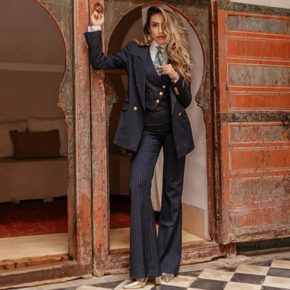 Navy Blue Striped Women Suit 3 Pieces Blazer Vest Pant Double Button For Wedding Party Business Work Daily Commute Shopping