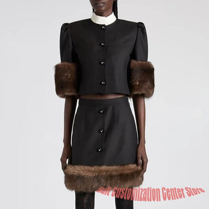 Black Woman Clothes Cropped Blazer+Mini Skirt Set with Brown Faux Fur Trim Retro Elegant Evening Party Cocktail Two-Piece Outfit