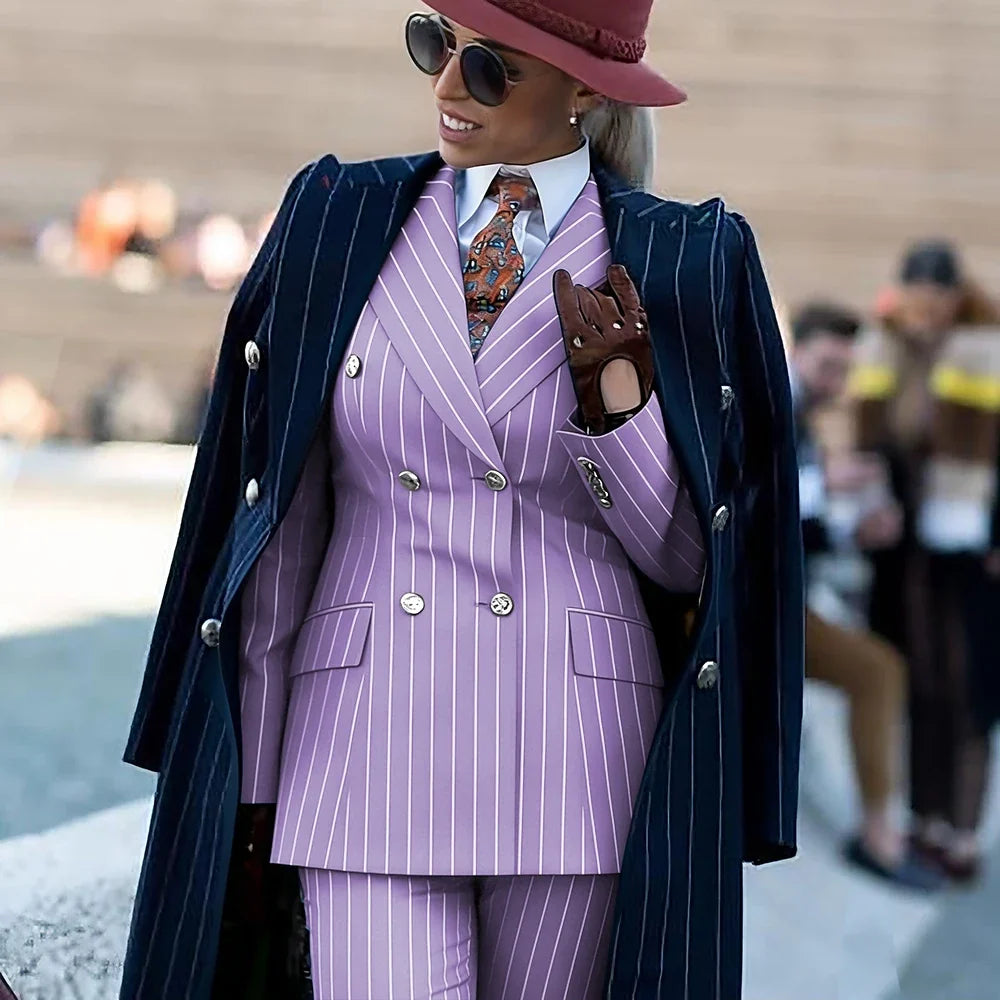 Formal Women's Burgundy Pinstripe Suit with Navy Blue Striped Coat Double Breasted 3Piece Set Elegant Evening Party Outerwears