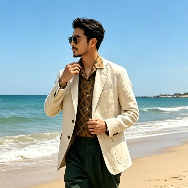 Men's Linen Blazer Single Breasted 2-Button Notched Lapel Slim Fit for Summer Wedding