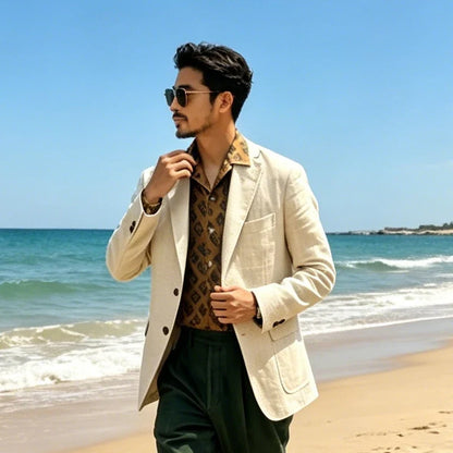 Men's Linen Blazer Single Breasted 2-Button Notched Lapel Slim Fit for Summer Wedding