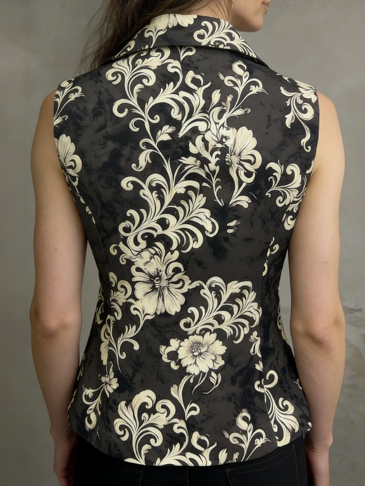 Elegant Printed Waistcoat for Spring Summer Autumn Stylish Lapel Sleeveless Vest with Faux Pockets