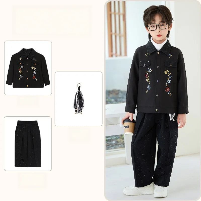 2026 New Autumn Winter Boys' Embroidered Suit Set 90-170 Children's Casual Jackets Pants 2Pieces Clothing Set