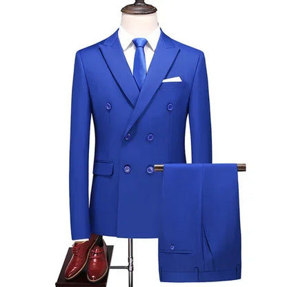 2 Pieces Fashion New Men's Business Double Breasted Solid Color Suit Coat Male Slim Fit Wedding Blazers Jacket Pants Trousers