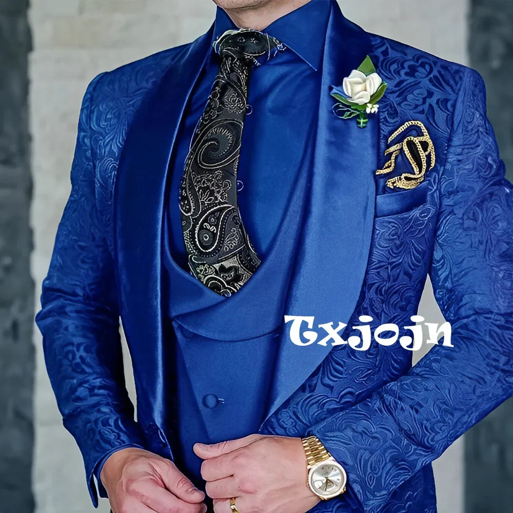 Exquisite jacquard Men's 3-piece Suits Wedding Groom Sets Handsome Shawl Lapel Suit Set Dancing Wear Formal Tuxedo For Business