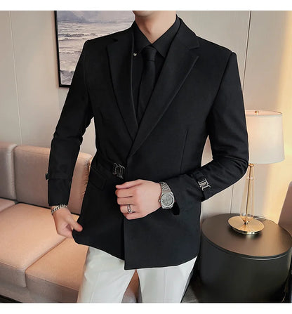 Men's Slim Fit Blazer Metal Buckle Decoration Smart Casual Wedding Party Jacket