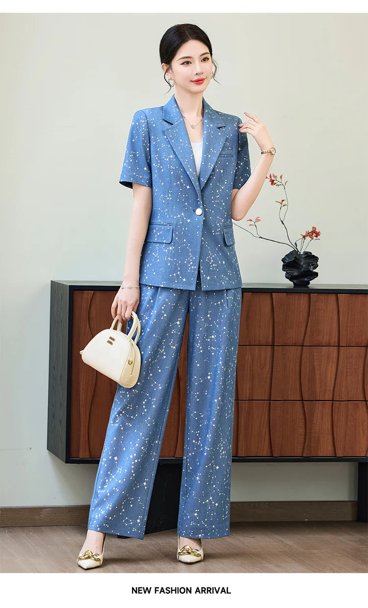 Fashion Blue Yellow Short Sleeve Professional Suit Women New Summer Elegant Formal Slim Blazer And Pants Office Ladies Work Wear