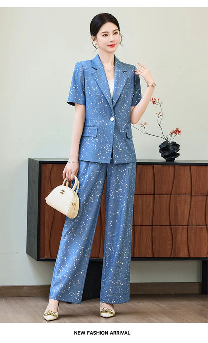 Fashion Blue Yellow Short Sleeve Professional Suit Women New Summer Elegant Formal Slim Blazer And Pants Office Ladies Work Wear