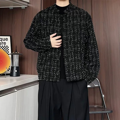 Men's Spring High-End Plaid Blazer Bad Boy Style Cropped Jacket Chinese Stand Collar Suit Outerwear