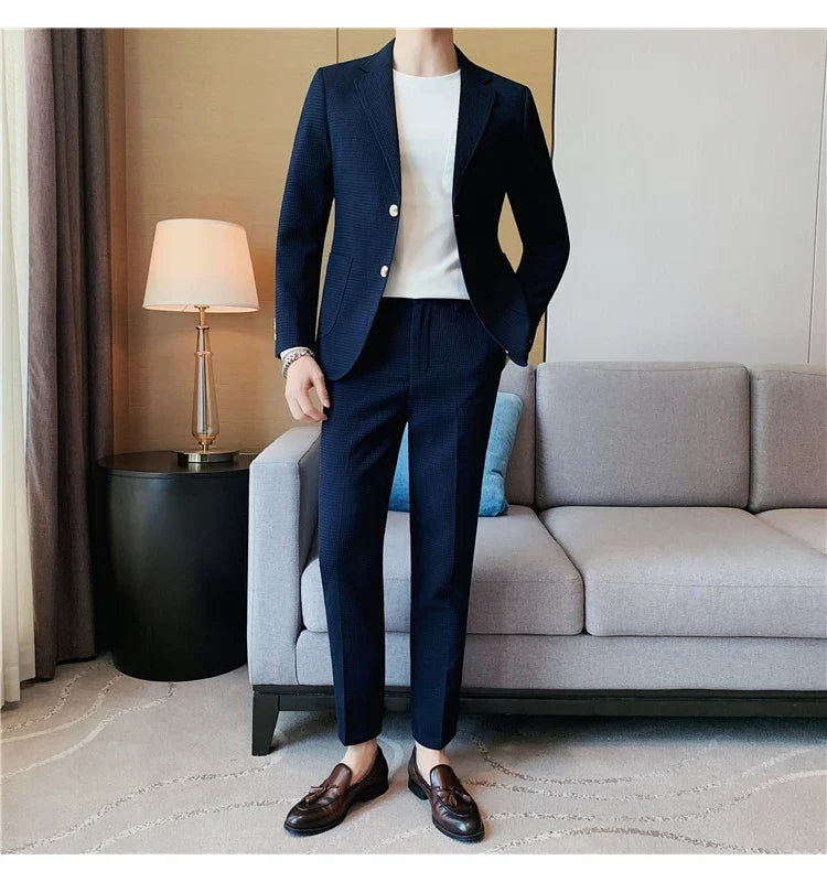 2025 New Waffle Blazers +Pant 2 Piece Set Men Fashion Business Slim Fit Solid Tuxedo Groom Wedding Prom Wear Casual Men's Sets