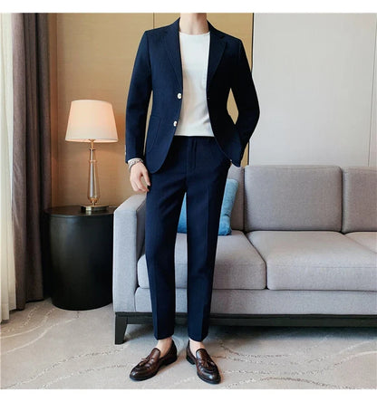 2025 New Waffle Blazers +Pant 2 Piece Set Men Fashion Business Slim Fit Solid Tuxedo Groom Wedding Prom Wear Casual Men's Sets