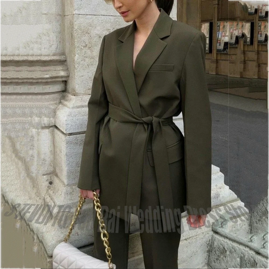 High Street Casual Women's Suits With Belt Slim Fitted Solid Color Female Outfit Customized Club Party Daily Set Two Pieces