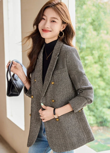 Fashion Grey Blazer Women Coffee Long Sleeve Casual Jacket for Autumn Winter Female Coats Double-Breasted Suit Women’s Clothing