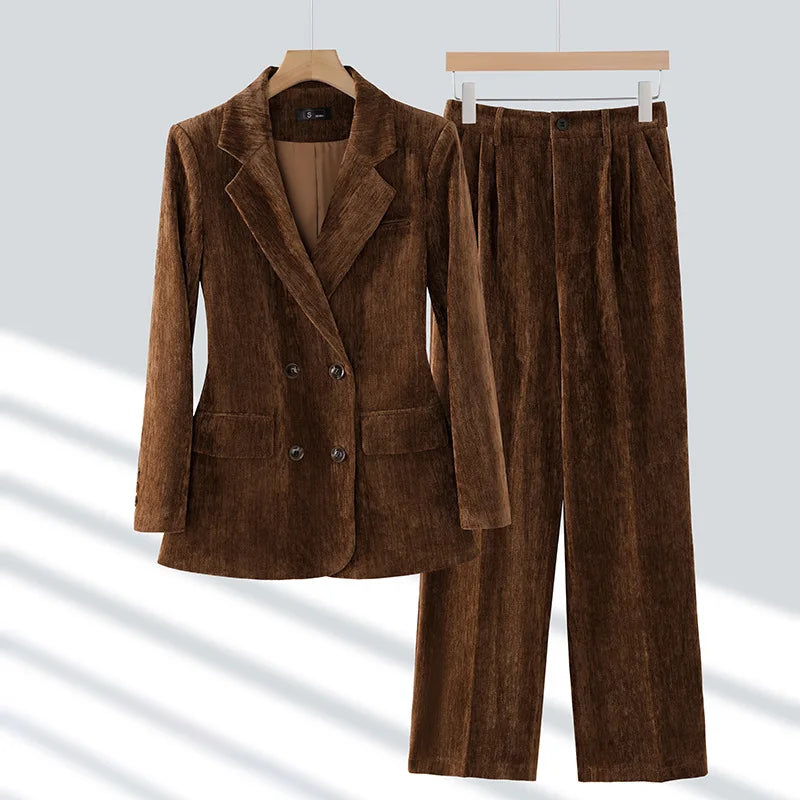 Pleuche Women Suits Office Sets 2024 Autumn New Fashion Notched Double Breasted Blazers Vintage Casual Wide Leg Pants Suits