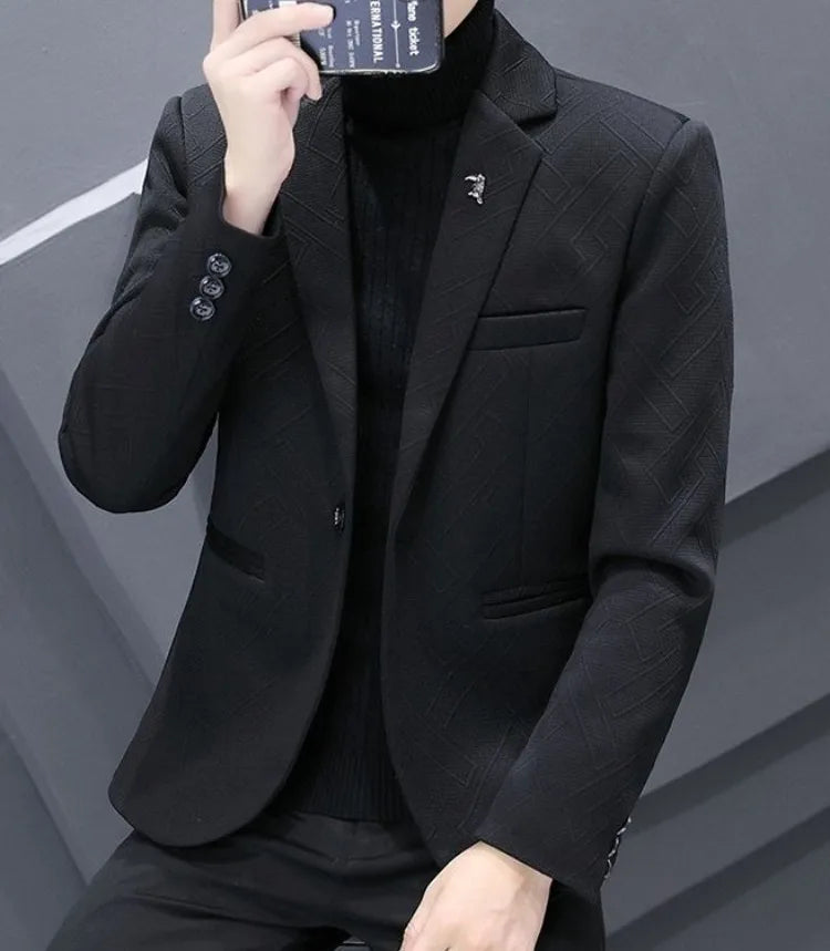 Men's Autumn Winter Fleece-Lined Slim Fit Casual Blazer Korean Style Solid Color Thick Warm Youth Fashion Suit Jacket