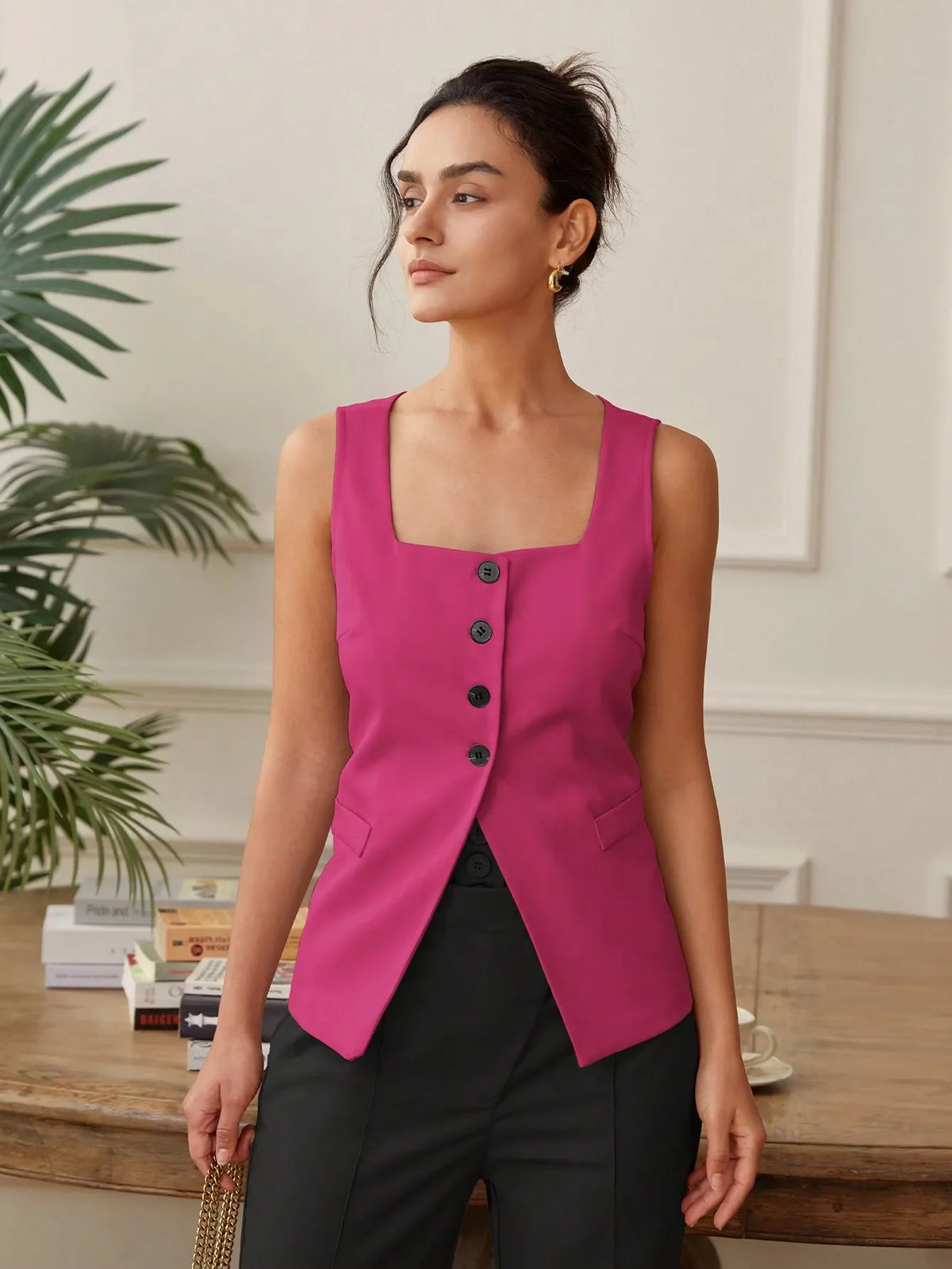 Summer temperament commuter vest vest solid color waistband square collar wide shoulder waistcoat