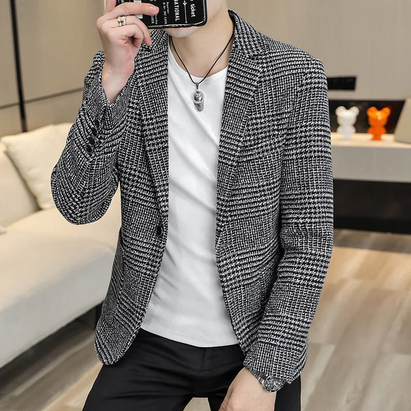 Men's Slim Fit Blazer Single Breasted Plaid Smart Casual Suit Jacket