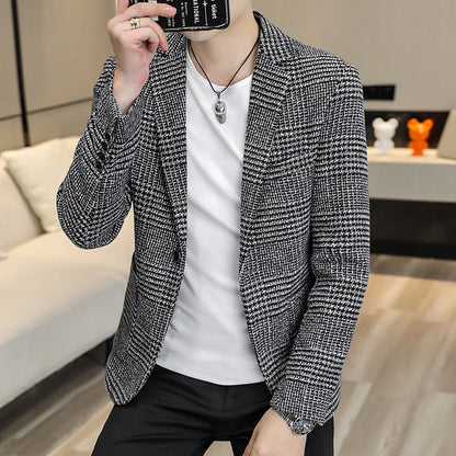 Men's Slim Fit Blazer Single Breasted Plaid Smart Casual Suit Jacket