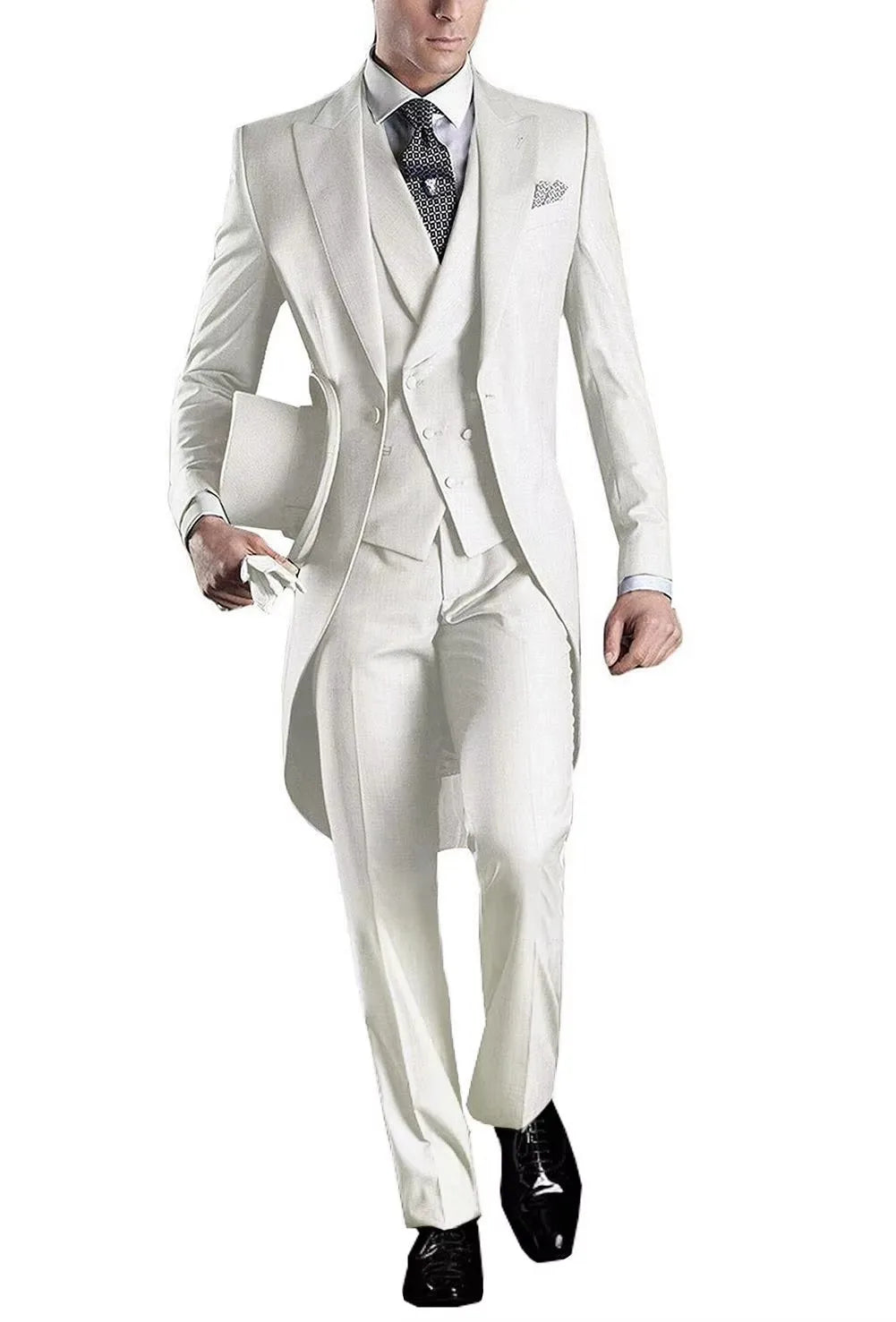 Men's 3-Piece Solid Long Tailcoat Tuxedo Set Formal Wedding Groom Clothing Jacket Pants Vest for Prom Party Fashion Male Suits